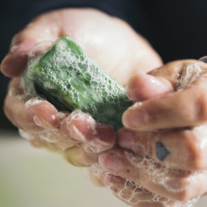 Green Parsley Porridge soap being lathered between a person's hands