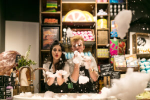 Staff in Lush Oxford Street blow bubbles