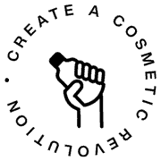 Animated GIF: circular text reads "Create a cosmetic revolution", spinning slowly around an icon of a raised fist holding a bottle in the centre.